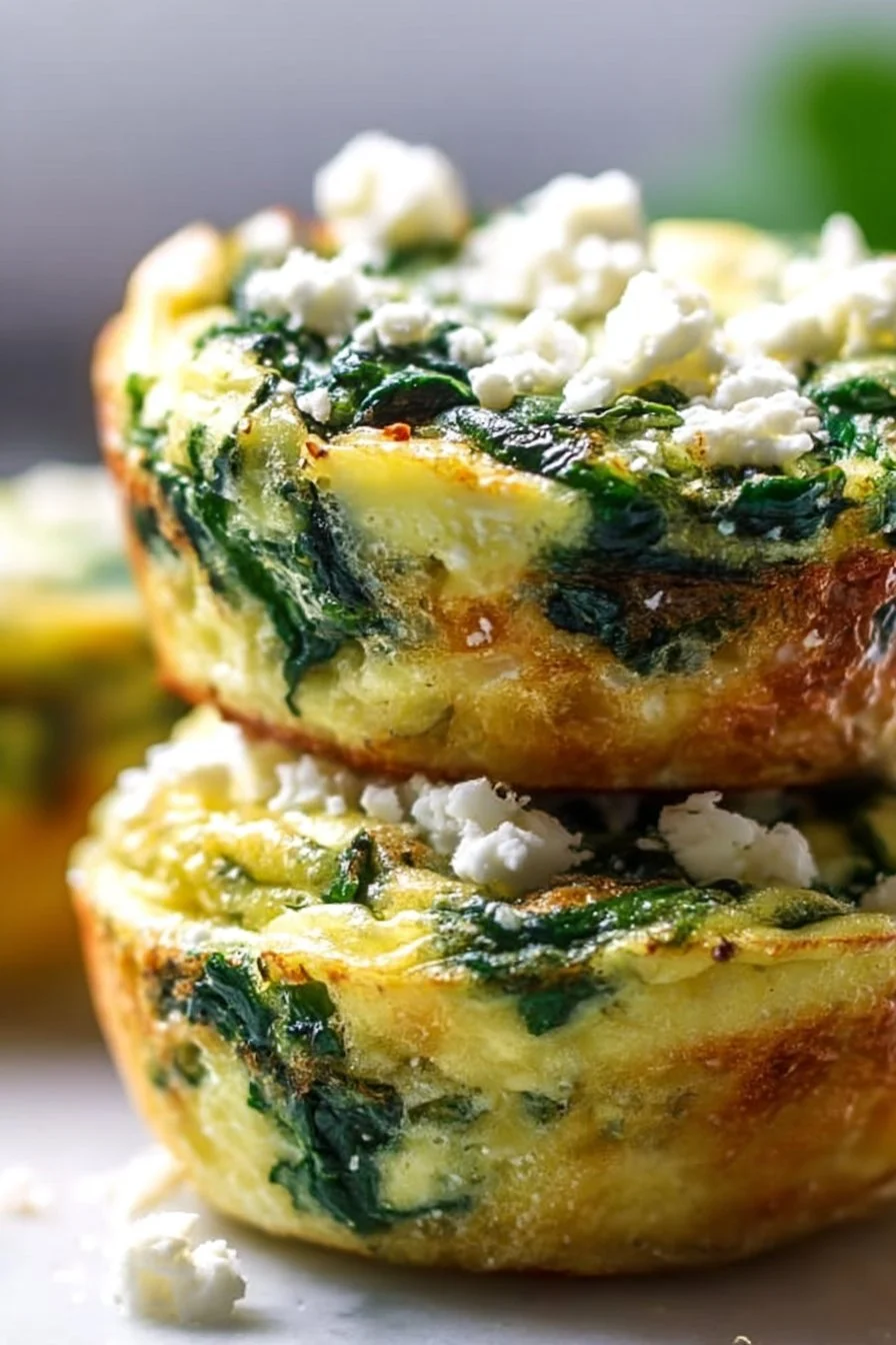 Baked egg muffins with spinach and feta on a wooden table