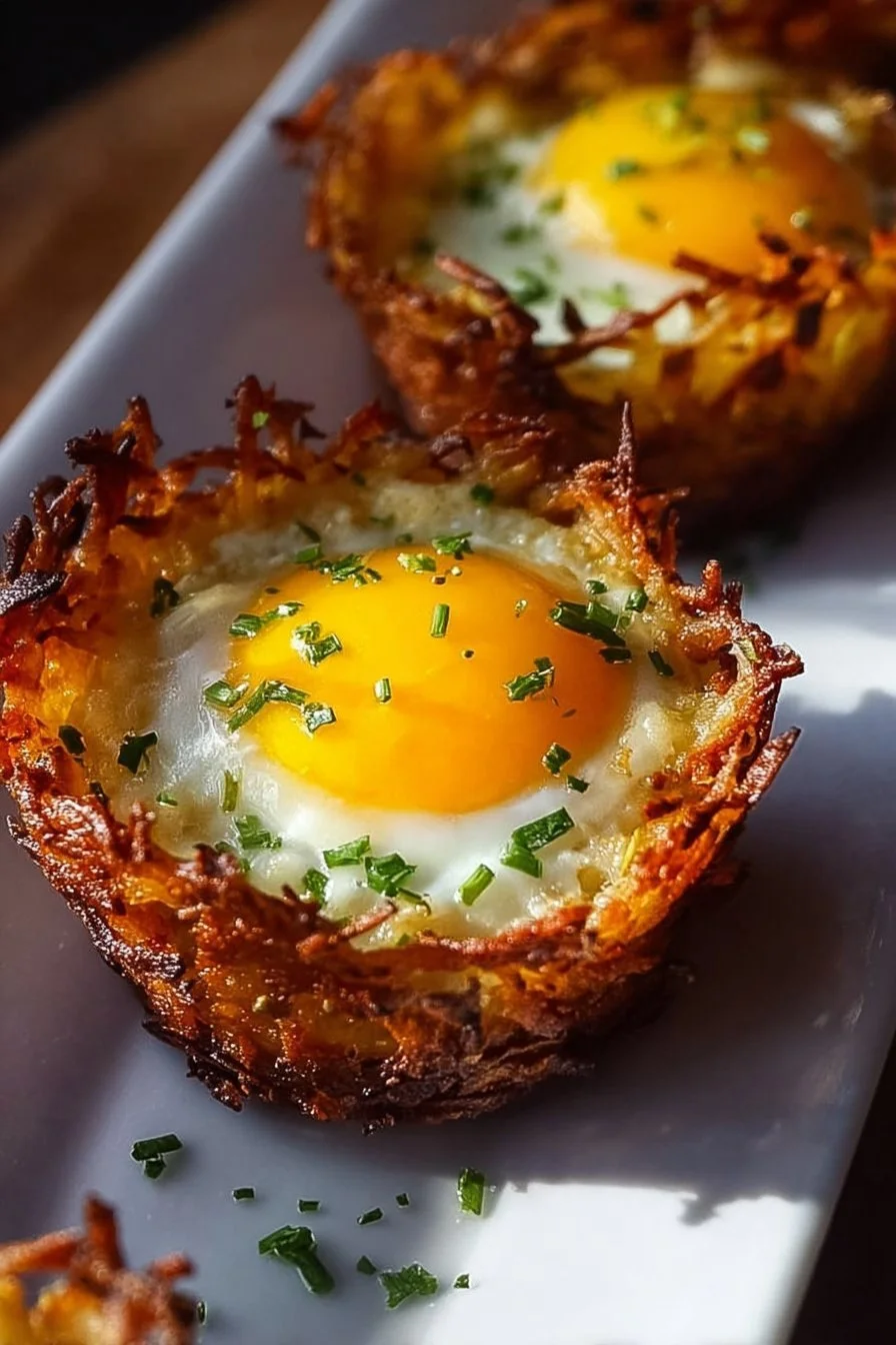 Crispy hash brown baskets filled with fluffy eggs for a delicious breakfast meal