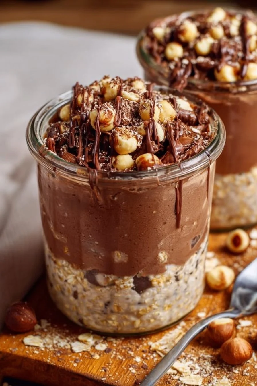 Ferrero Rocher Protein Overnight Oats 5 Delicious Ferrero Rocher Protein Overnight Oats in a bowl with chocolate and hazelnuts