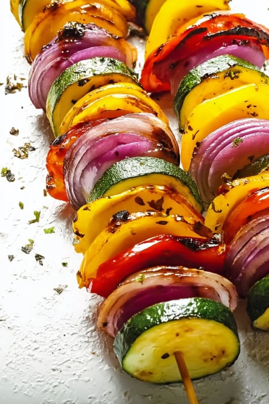 Colorful grilled veggie skewers with peppers, zucchini, and mushrooms on a grill