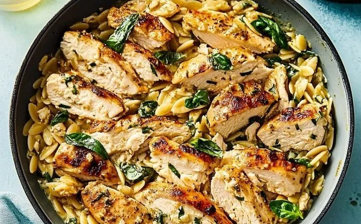 Delicious plate of Mediterranean Chicken Orzo garnished with herbs and vegetables