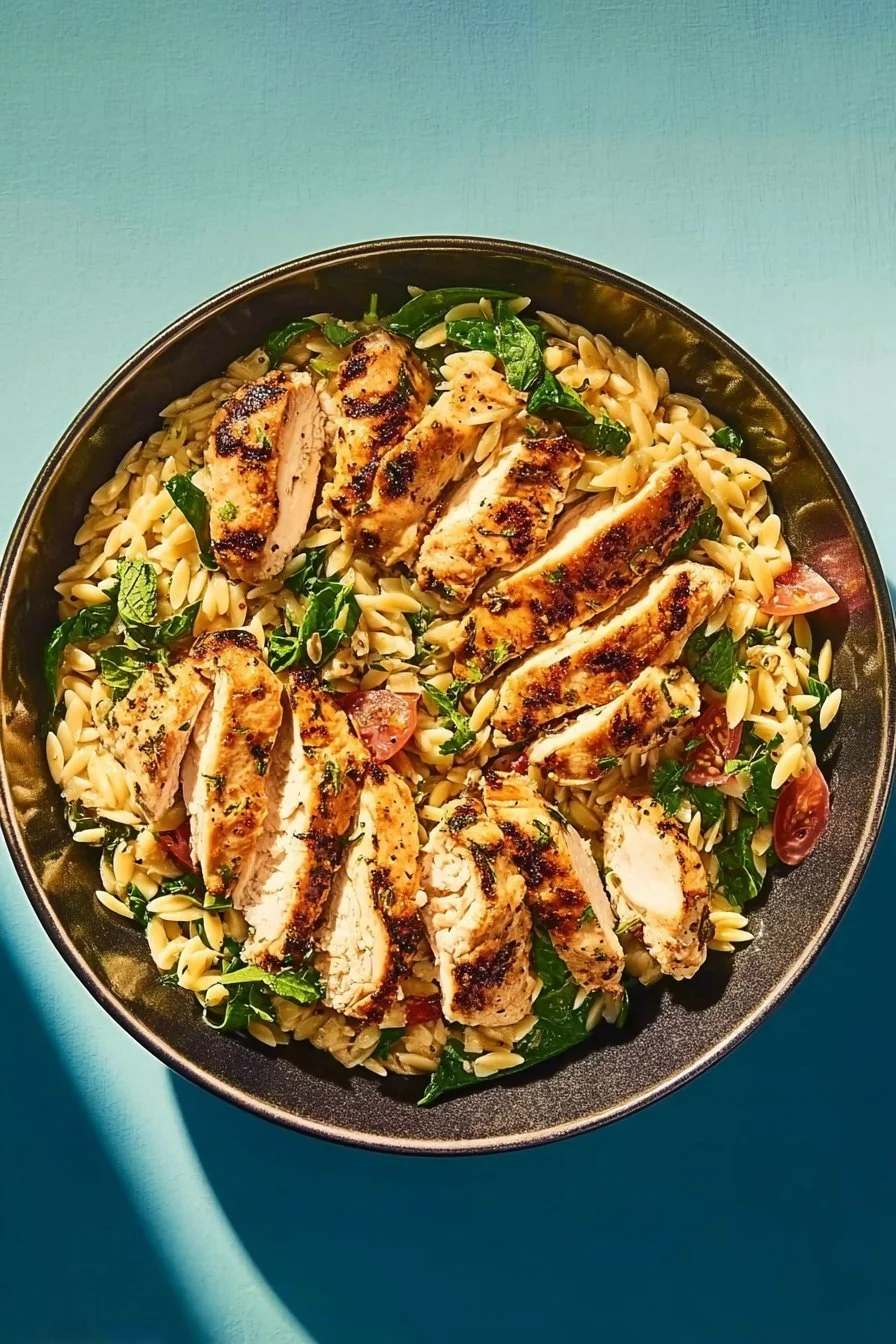 A bowl of Mediterranean Chicken Orzo garnished with fresh herbs and vegetables.