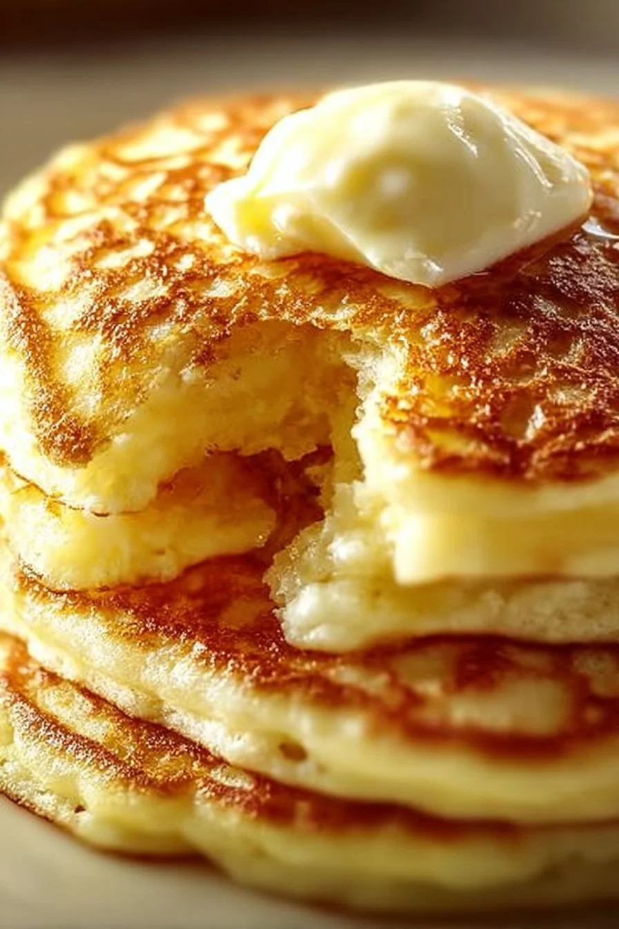 Flourless cottage cheese pancakes topped with fruits and syrup