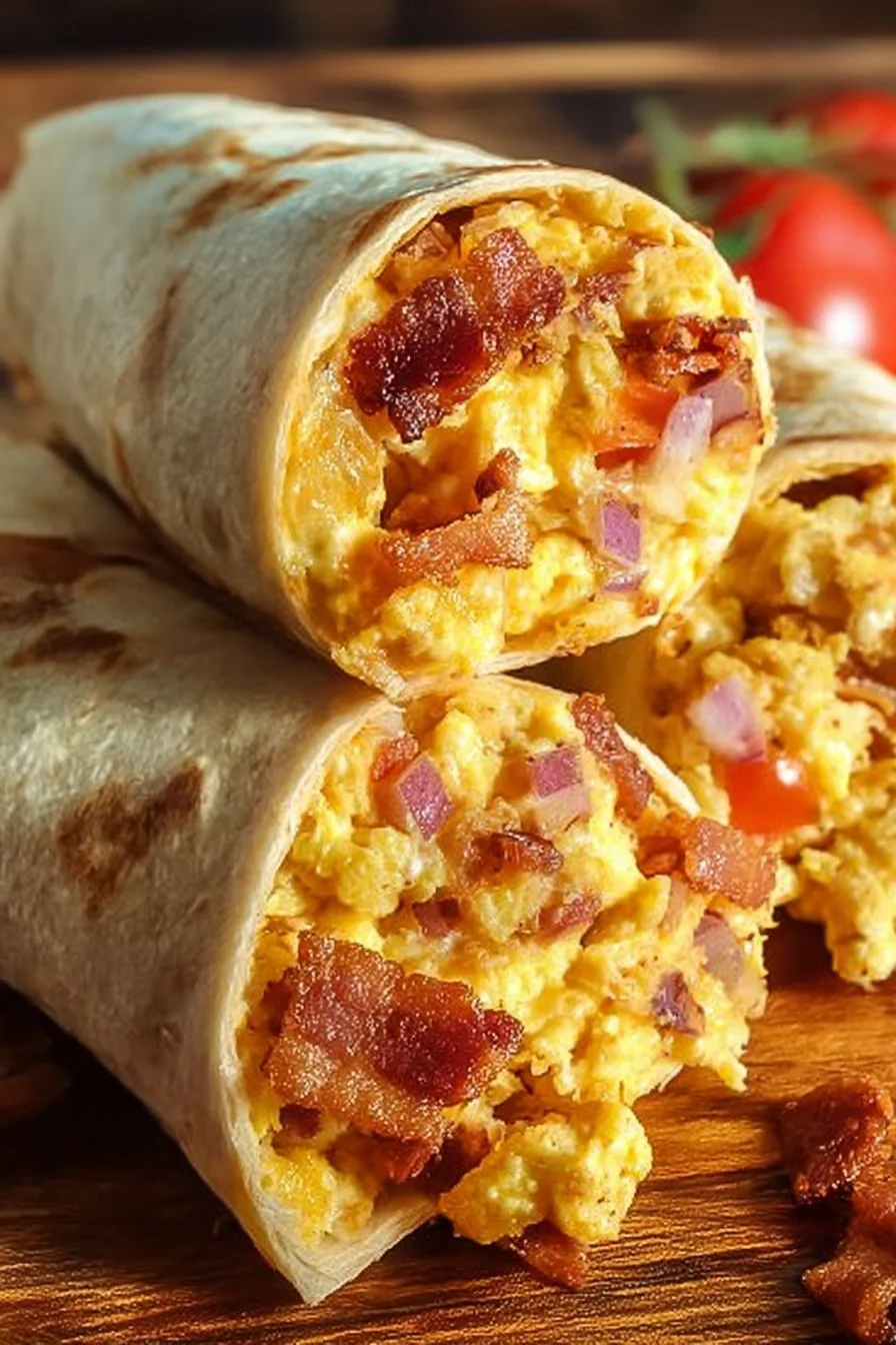 Fluffy bacon and egg breakfast burritos served on a plate