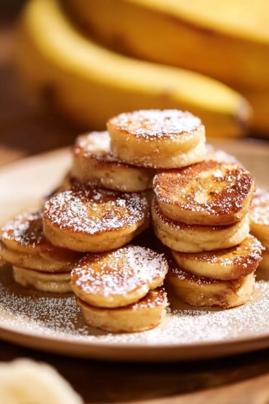 Fluffy Banana Pancake Bites 4 Fluffy banana pancake bites stacked on a plate ready to be served