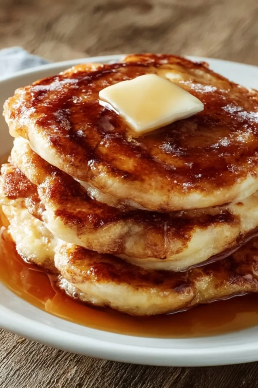 Fluffy cinnamon roll pancakes drizzled with icing on a white plate