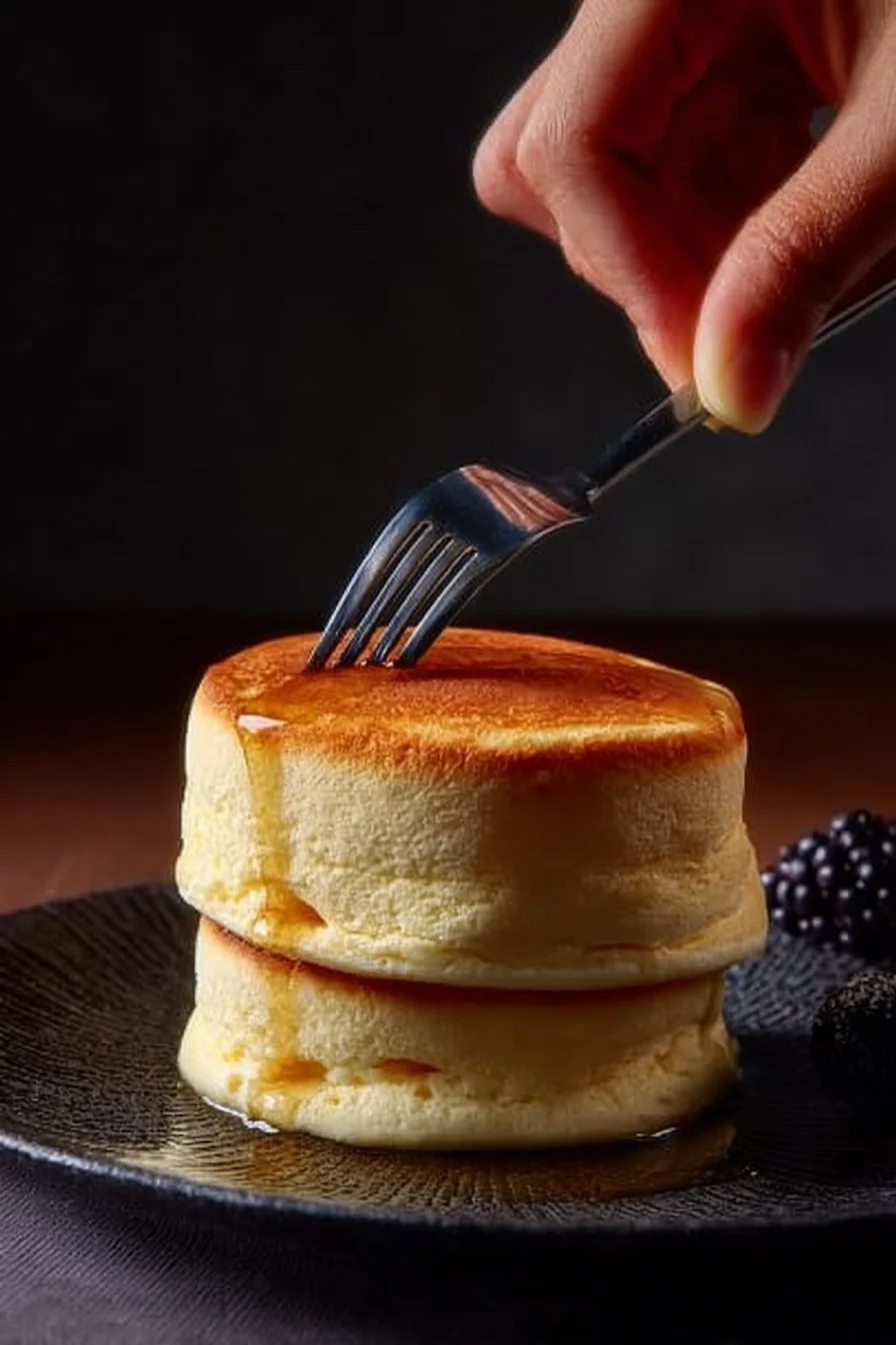 Fluffy Japanese Soufflé Pancakes 4 Fluffy Japanese soufflé pancakes stacked with syrup and berries