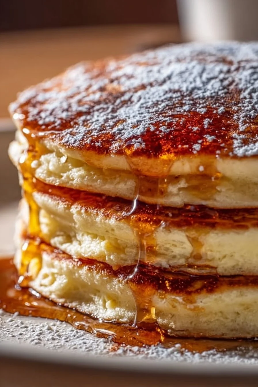 Delicious fluffy pancakes stacked with syrup and berries