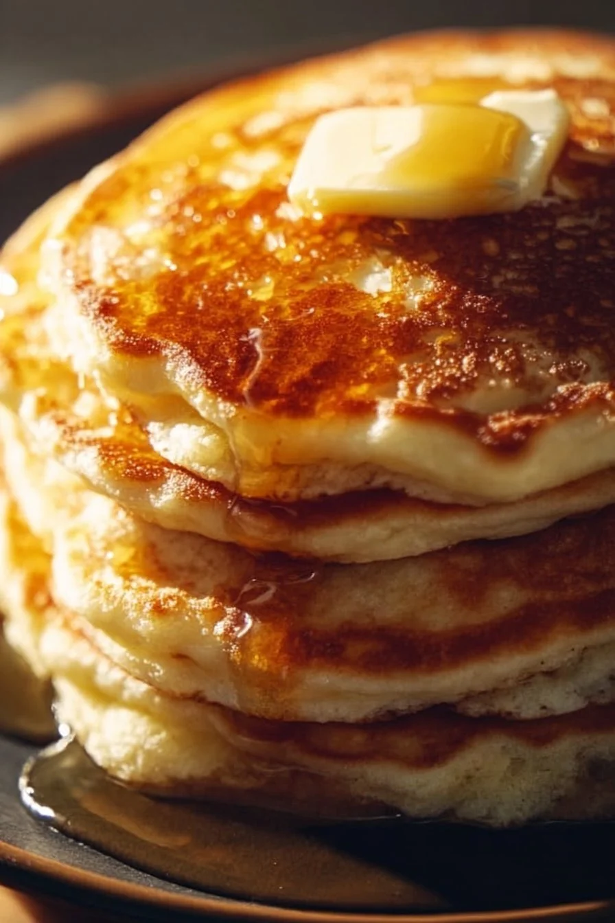 Stack of fluffy pancakes topped with syrup and fresh berries