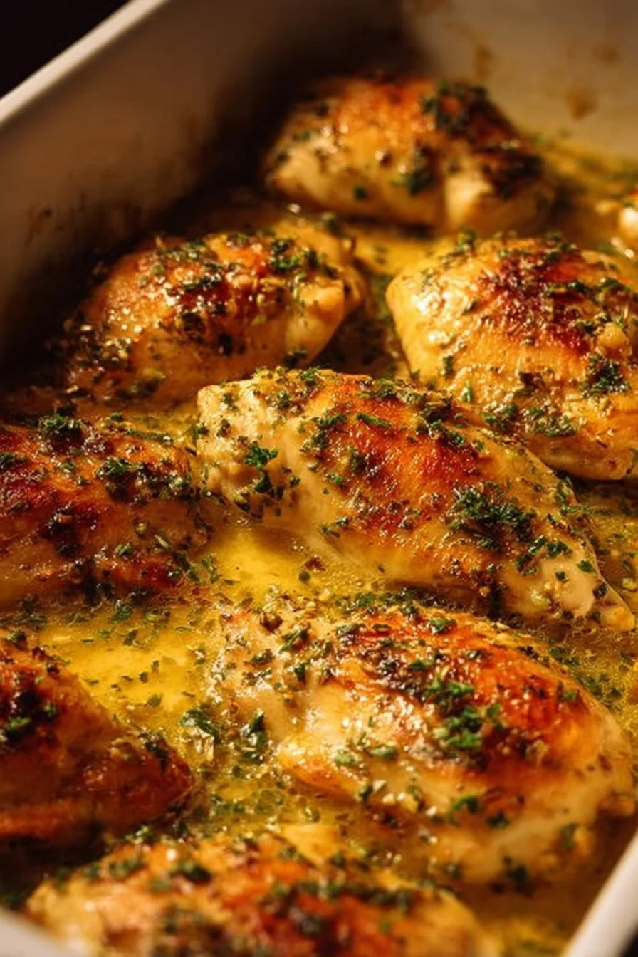 Garlic Butter Baked Chicken Breast served on a plate with herbs