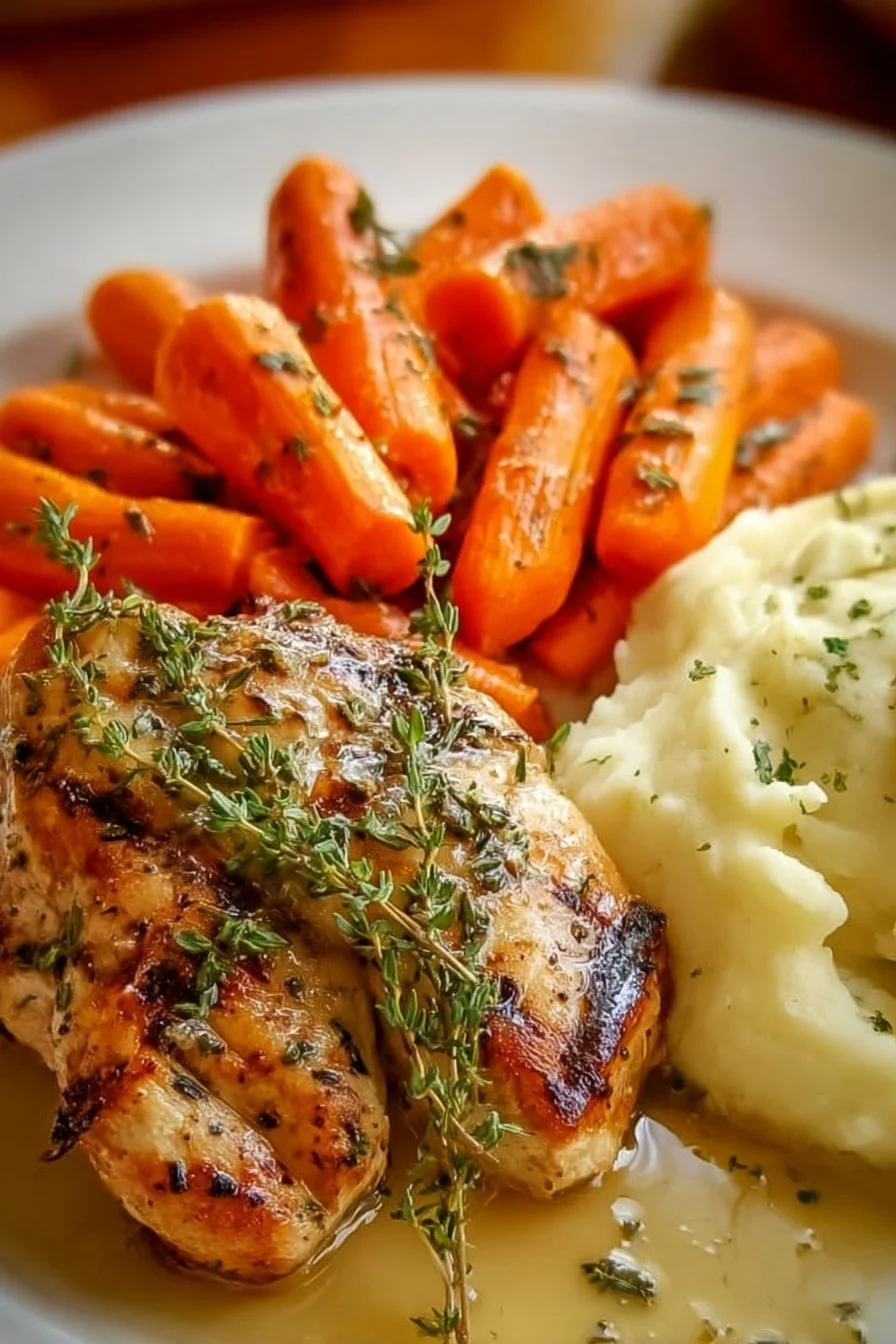 Garlic Herb Chicken with Mashed Potatoes and Glazed Carrots 4 Plate of Garlic Herb Chicken with Mashed Potatoes and Glazed Carrots