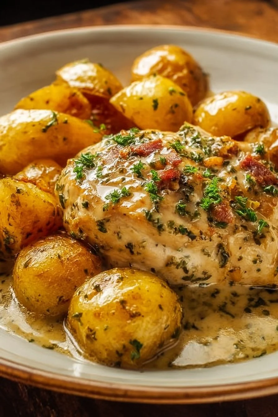 Creamy Garlic Parmesan Chicken with Potatoes cooked in a Crockpot