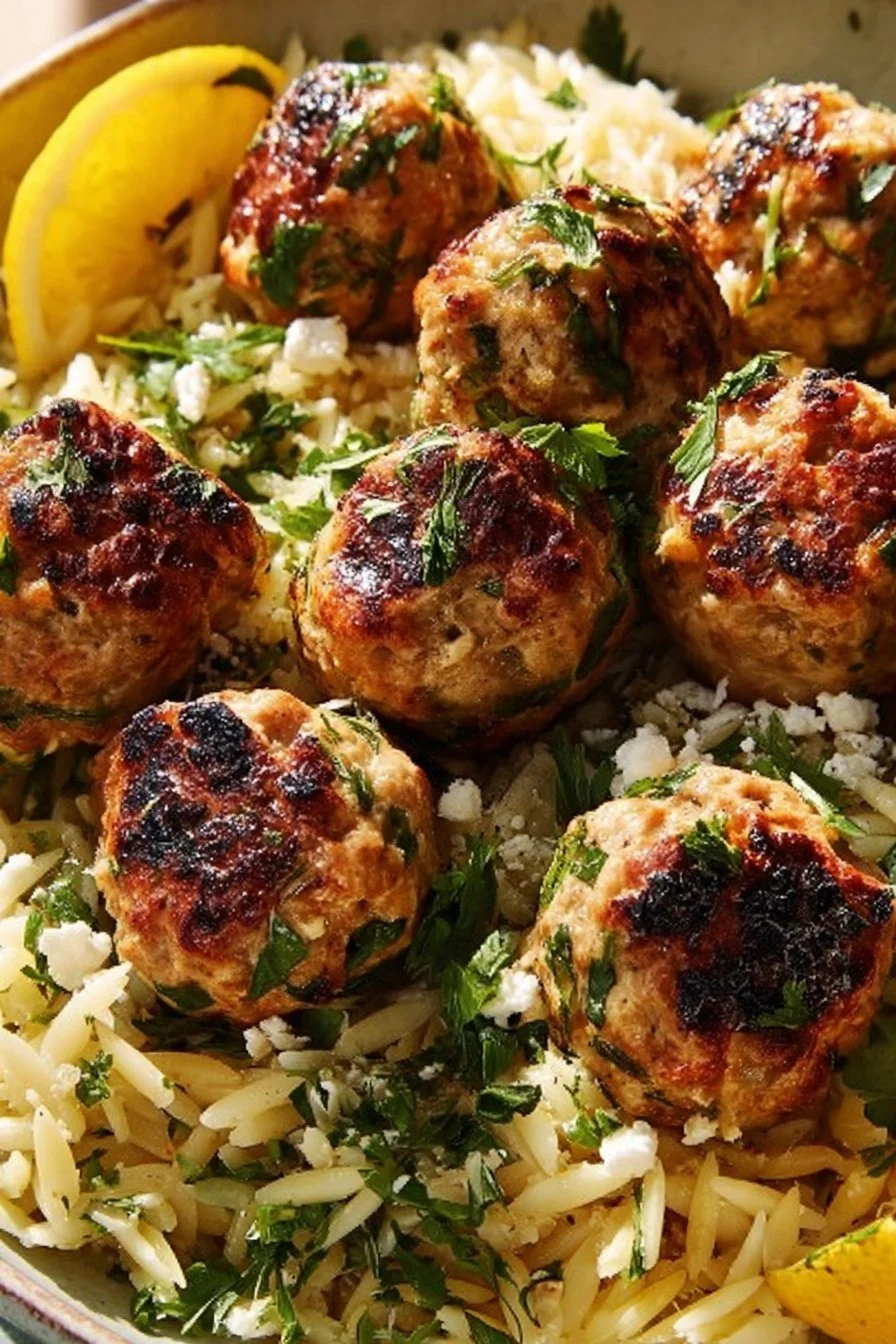 Greek Chicken Meatballs served with lemon orzo in a vibrant dish