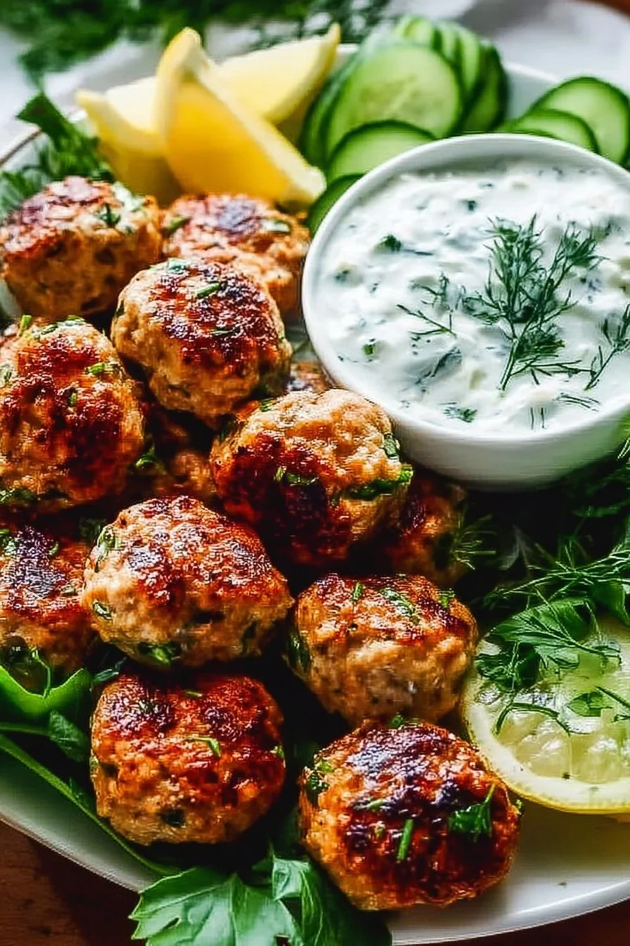 Plate of Greek Chicken Meatballs served with Tzatziki Sauce and fresh herbs