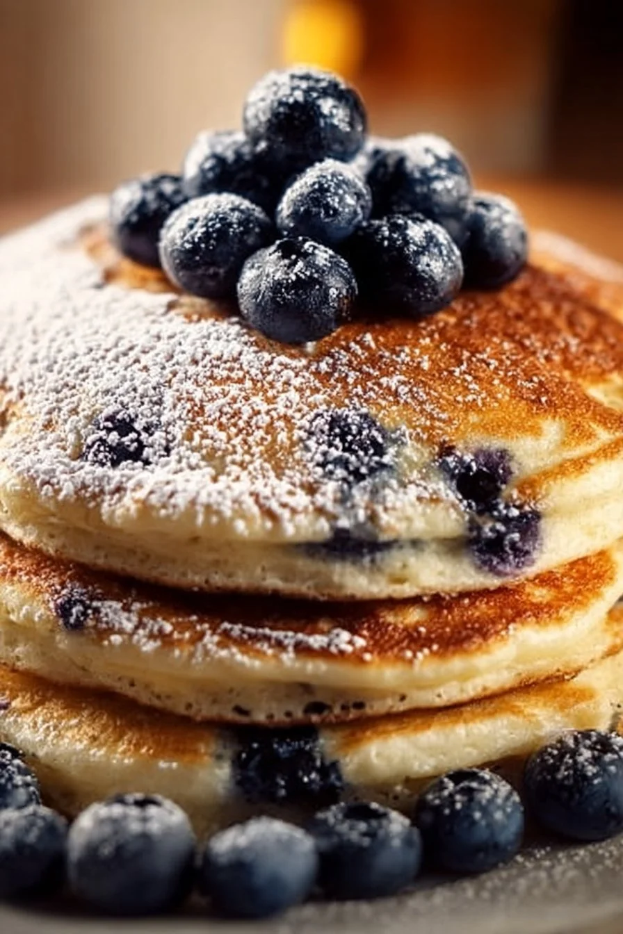 Delicious Greek Yogurt Pancakes topped with fresh blueberries and honey