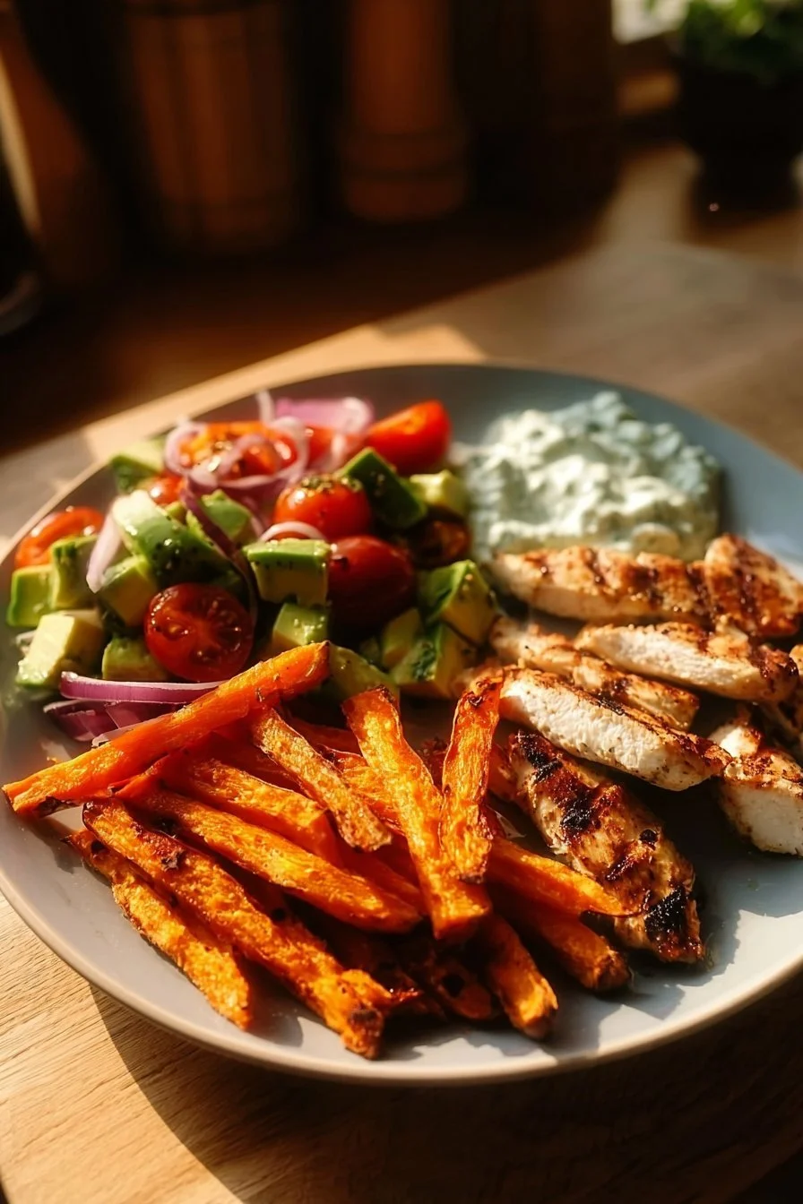 Grilled herb chicken served with sweet potato fries and avocado salsa on a plate