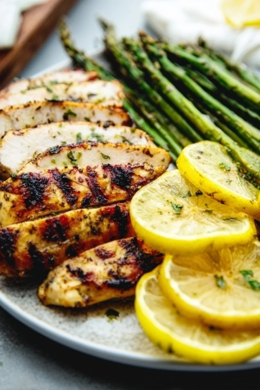 Deliciously grilled lemon chicken garnished with fresh herbs