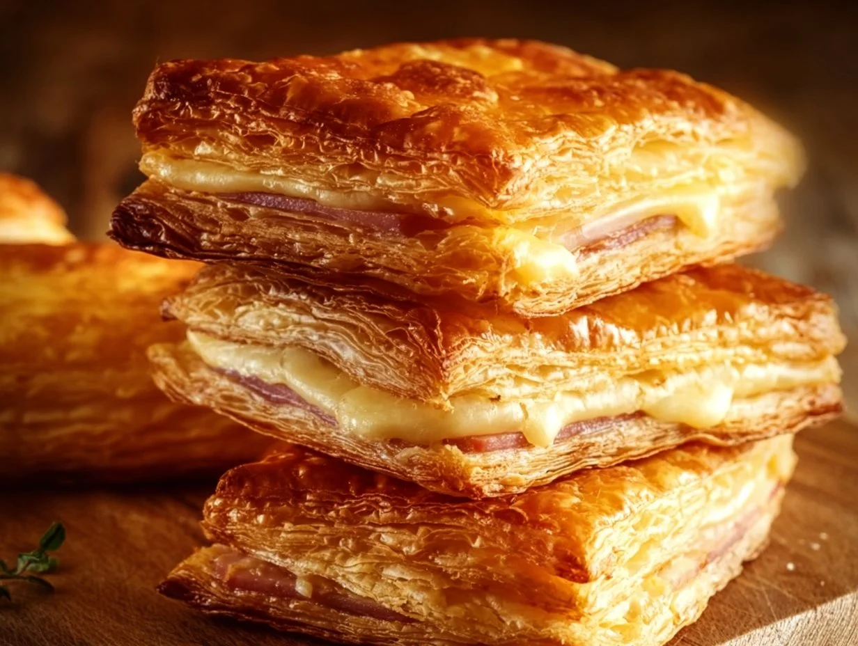 Golden Ham & Cheese Puff Pastry Bites on a wooden serving platter