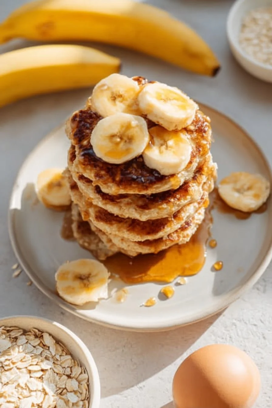 Healthy Banana Oatmeal Pancakes 1 Healthy banana oatmeal pancakes stacked on a plate with syrup and bananas