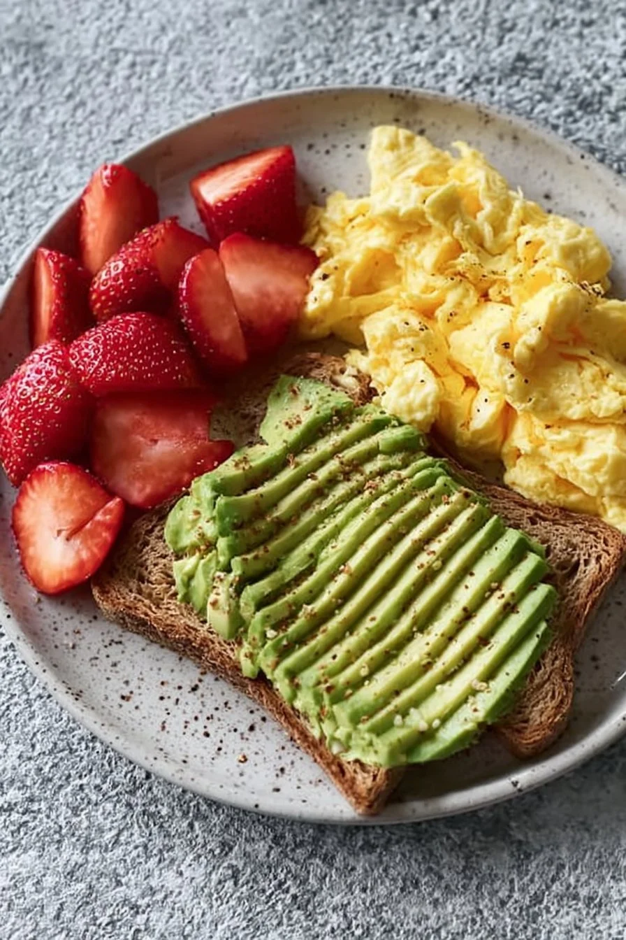 Healthy Breakfast with Eggs, Avocado, and Strawberries 4 Healthy breakfast plate with eggs, avocado slices, and fresh strawberries.