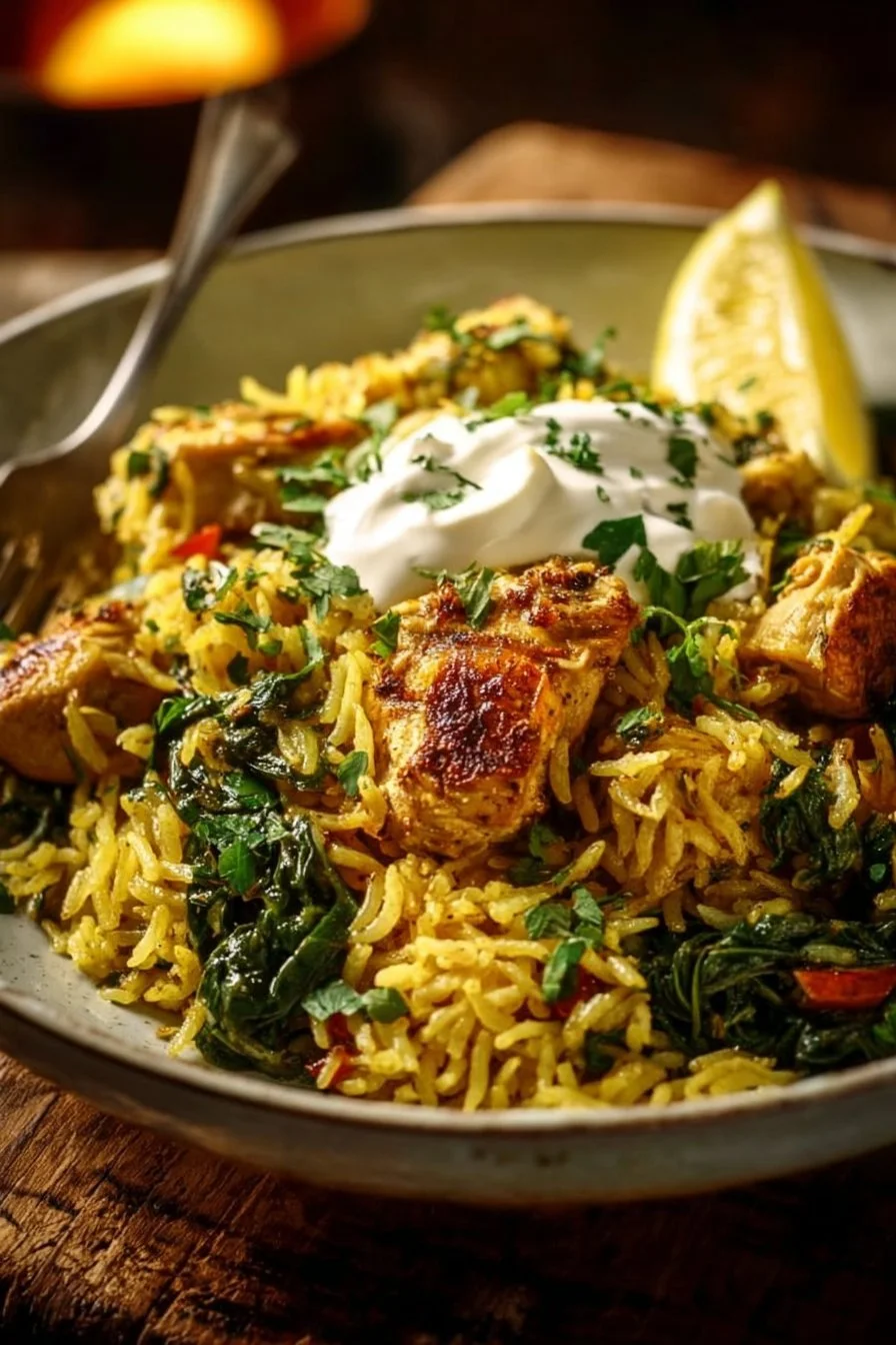Healthy one-pan chicken and rice dish garnished with herbs on a plate