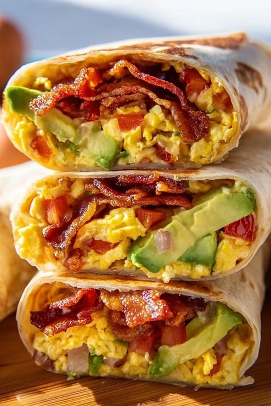 Delicious hearty breakfast burrito filled with eggs, cheese, and veggies.