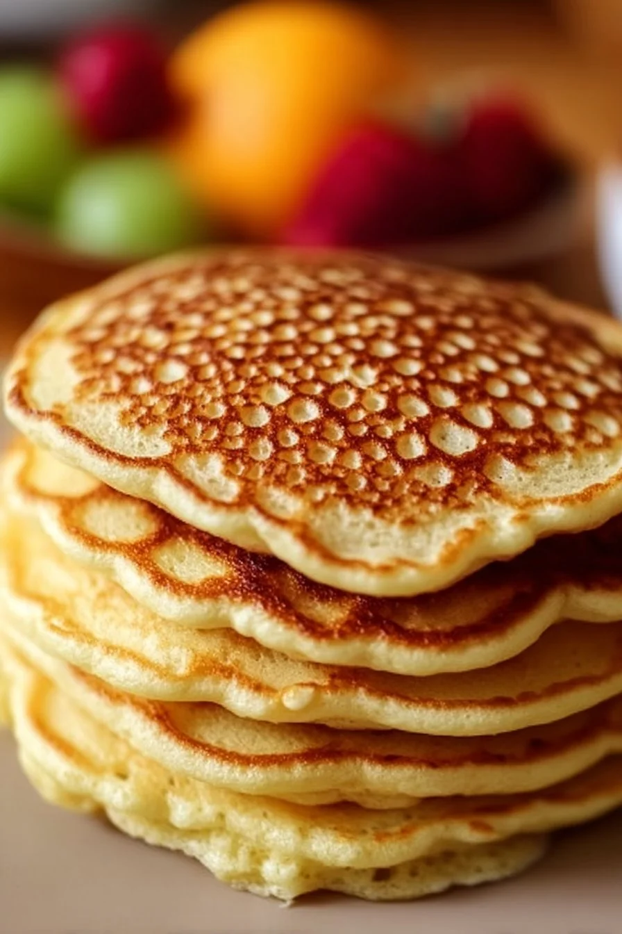 Delicious high-protein fluffy pancakes stacked on a plate with syrup