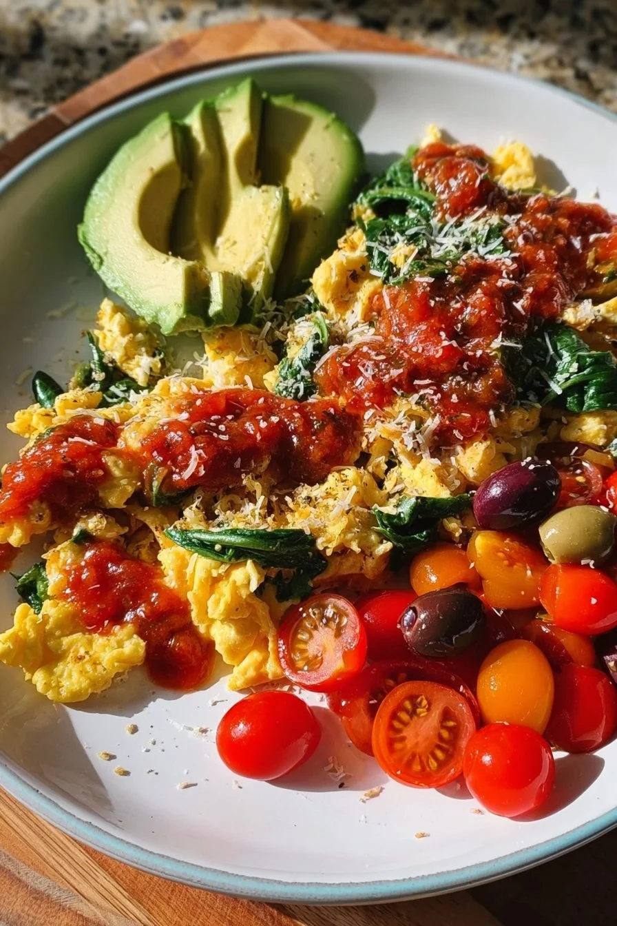 High-protein scrambled eggs served on a plate with vegetables