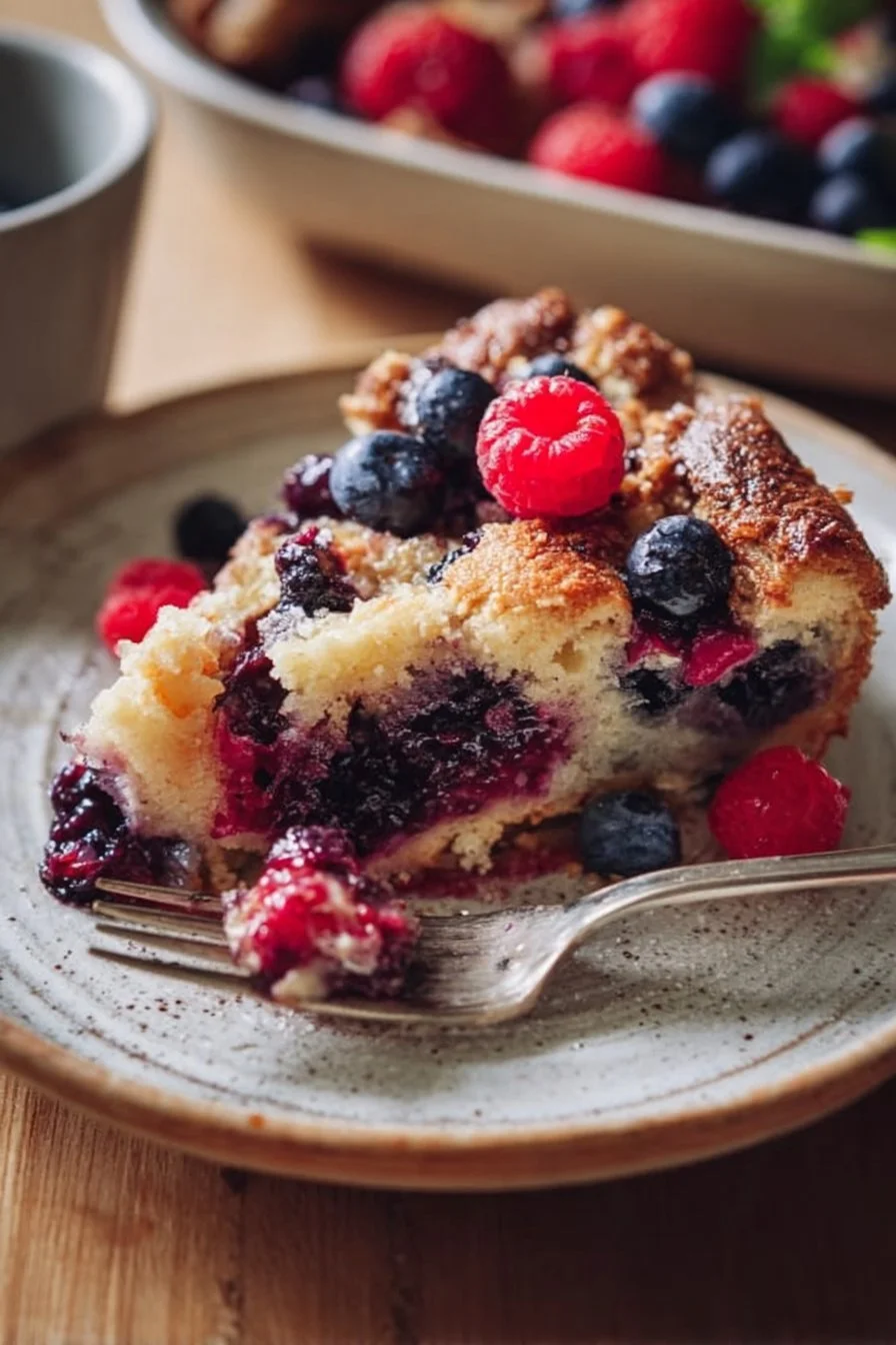 High Protein Triple Berry Bake with assorted berries on a baking dish