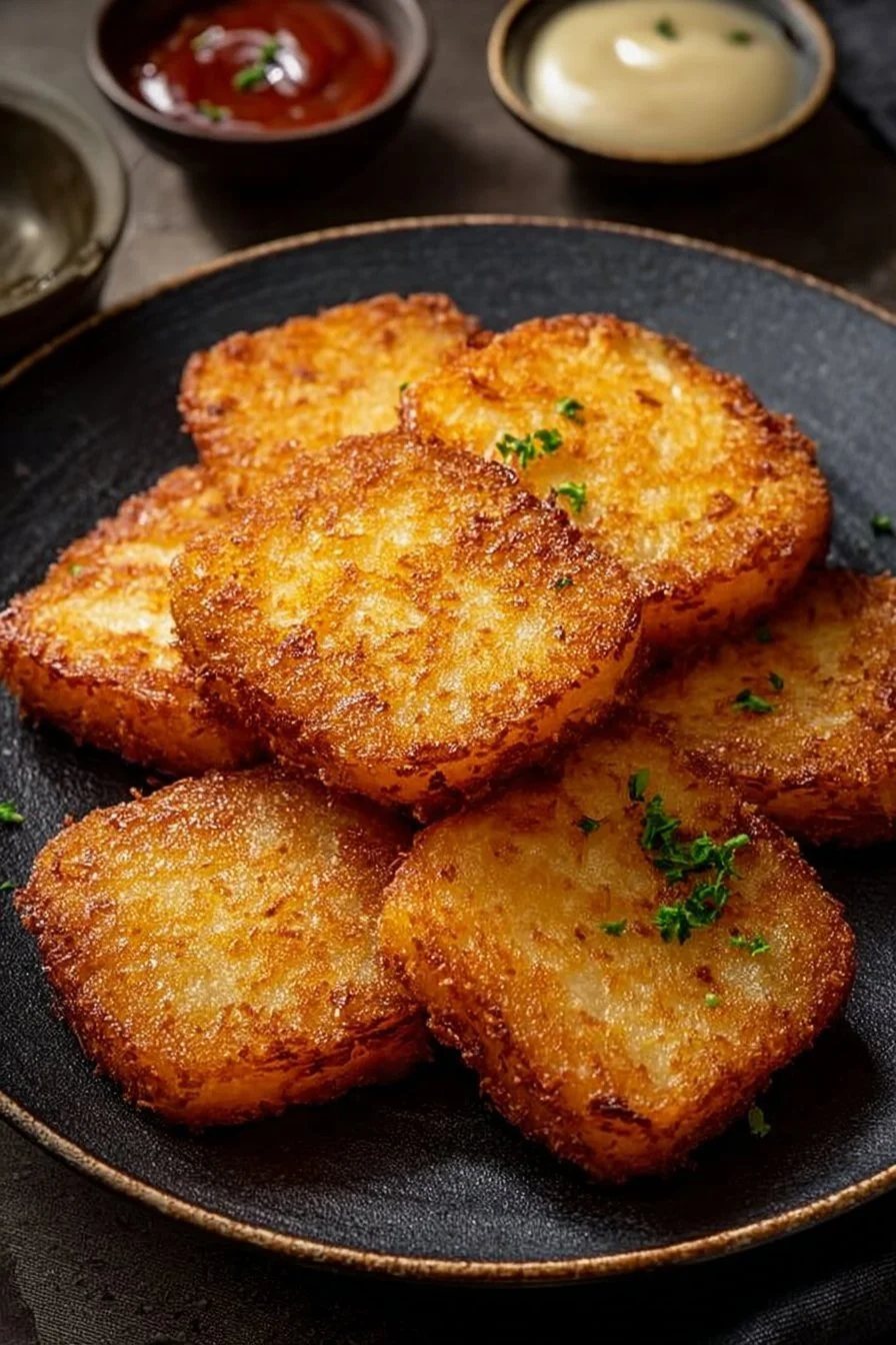 Homemade Hash Browns 4 Crispy homemade hash browns served on a plate