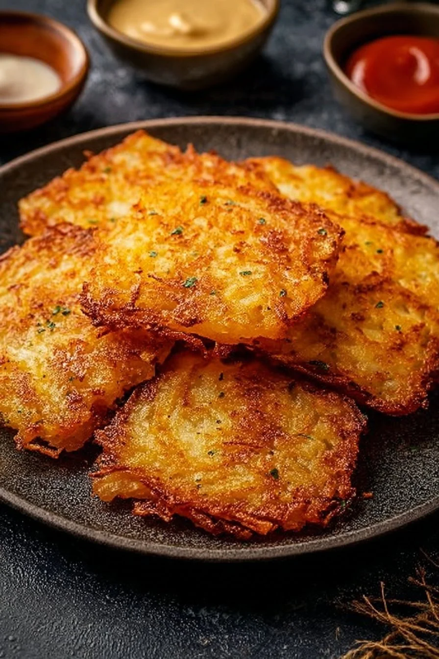 Crispy homemade hash browns on a plate, golden and ready to serve.