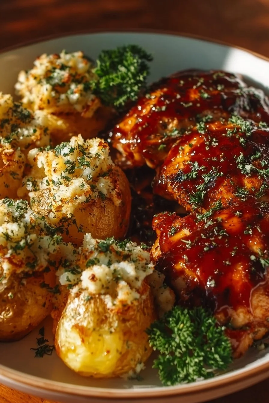 Honey BBQ Chicken served with garlic parmesan potatoes on a plate