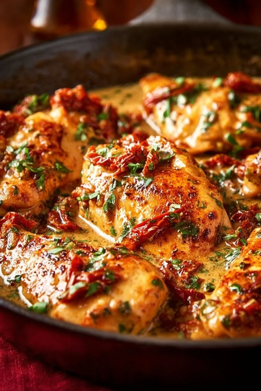 Delicious plate of Juicy Marry Me Chicken garnished with herbs
