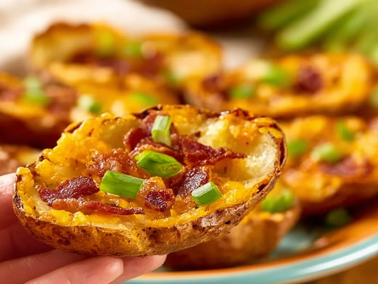 Loaded Potato Skins 5 Delicious loaded potato skins topped with cheese, bacon, and herbs
