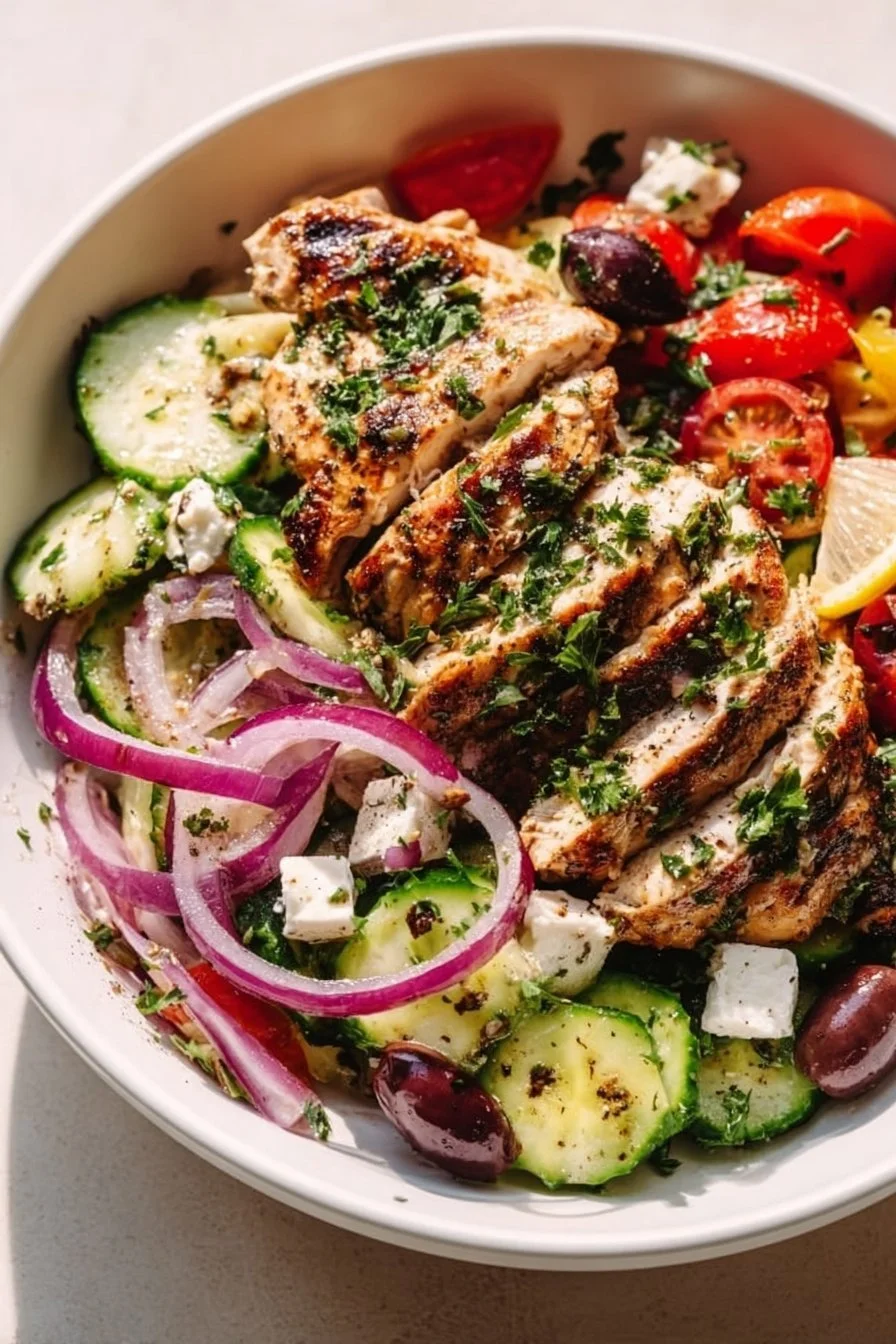 Delicious Low-Carb Greek Chicken Bowl with fresh vegetables and spices.
