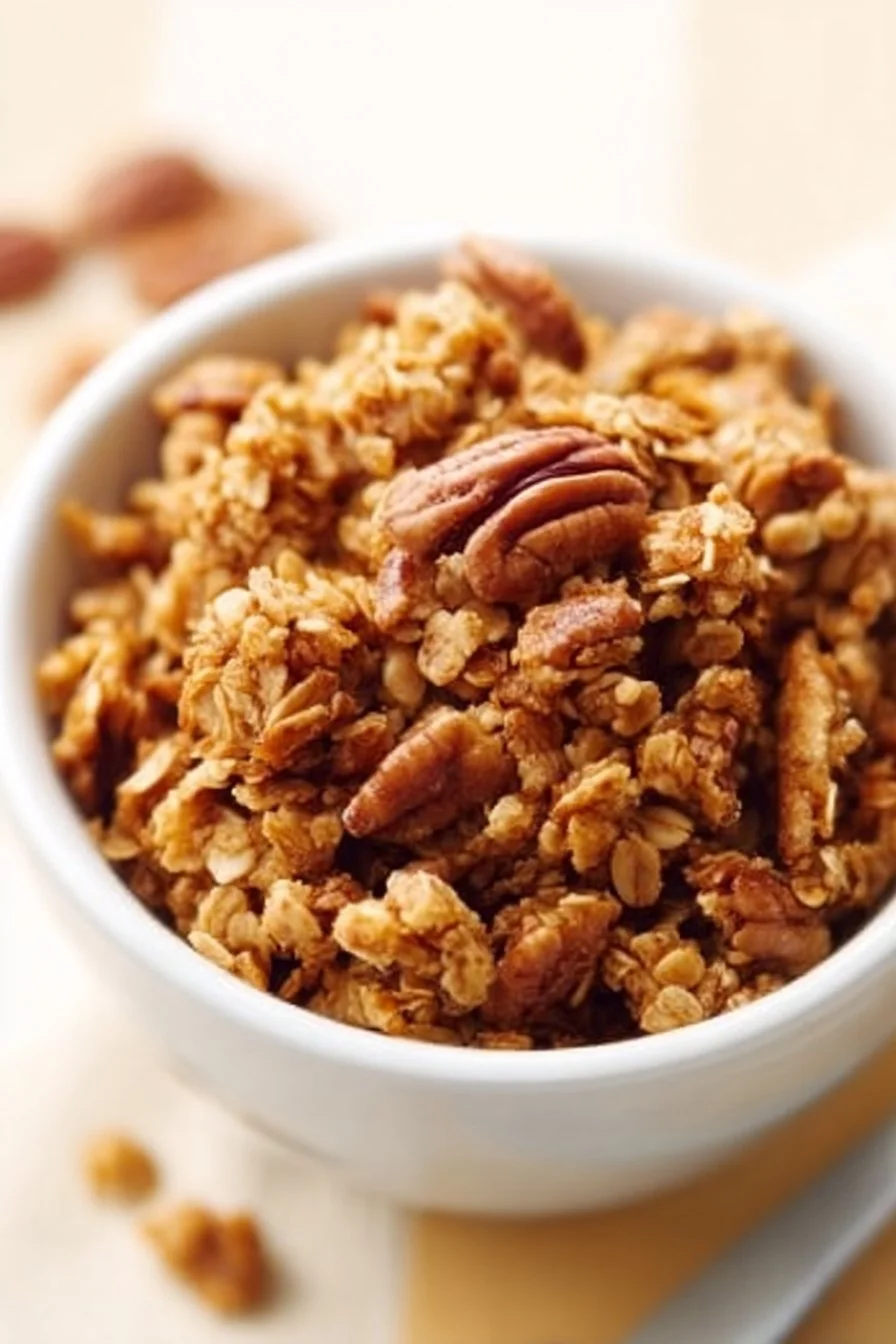 Maple Pecan Granola 4 Bowl of homemade Maple Pecan Granola with nuts and oats