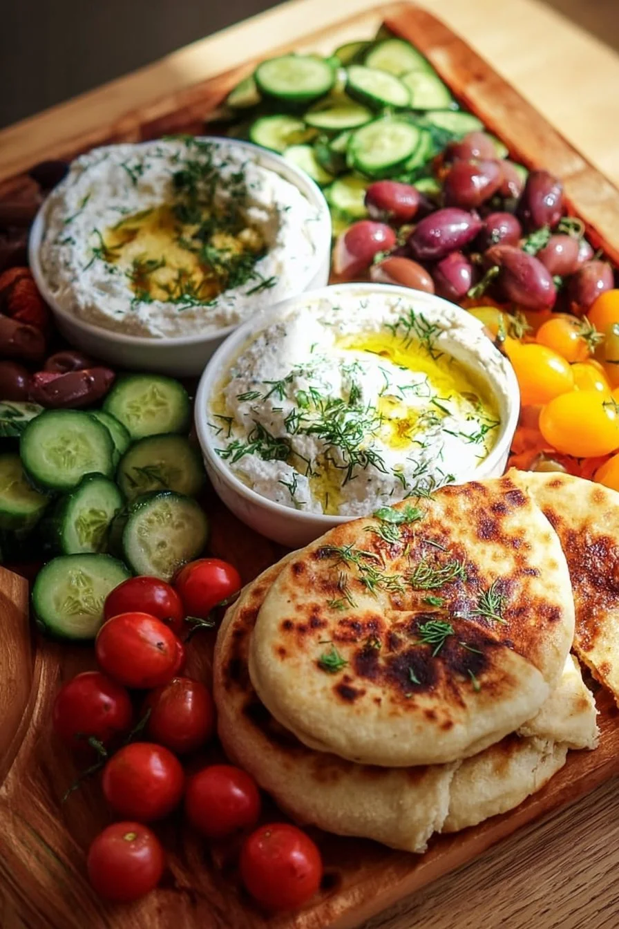 Colorful Mediterranean brunch board with fresh foods and vibrant flavors.