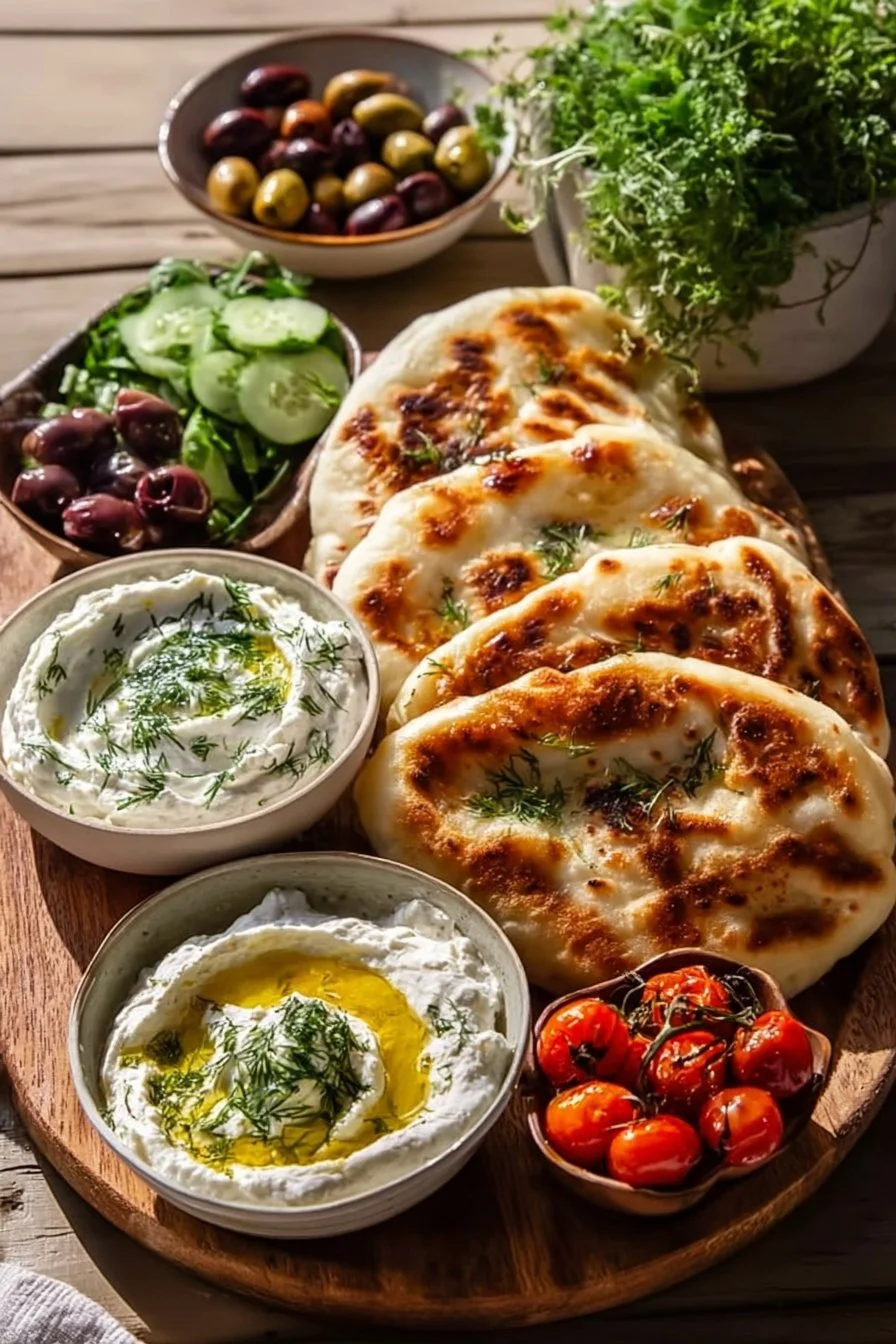 Mediterranean brunch board with various dips and flatbreads