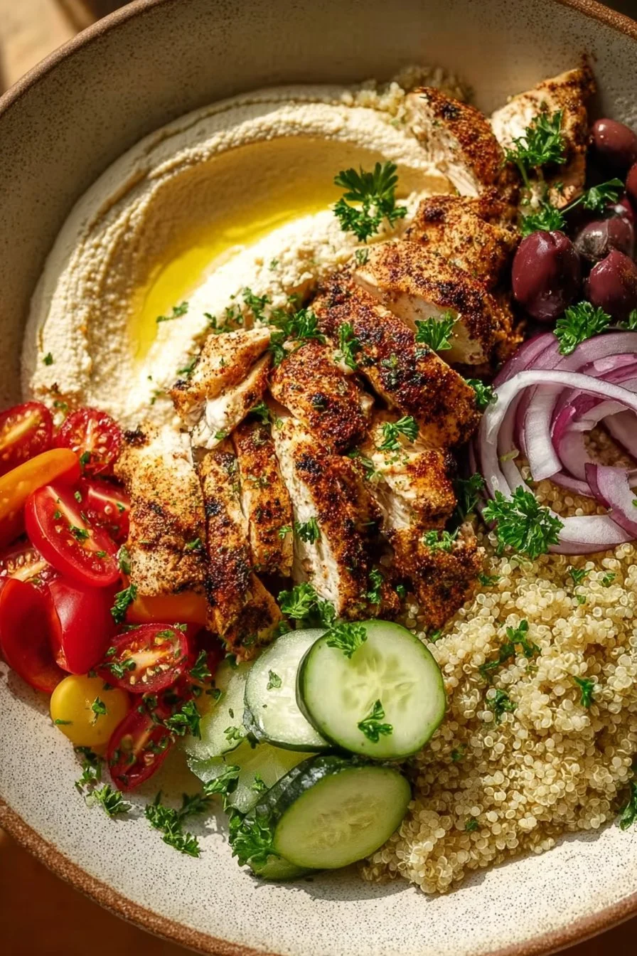 Mediterranean Chicken Bowl 4 Mediterranean Chicken Bowl with fresh vegetables and spices on a plate
