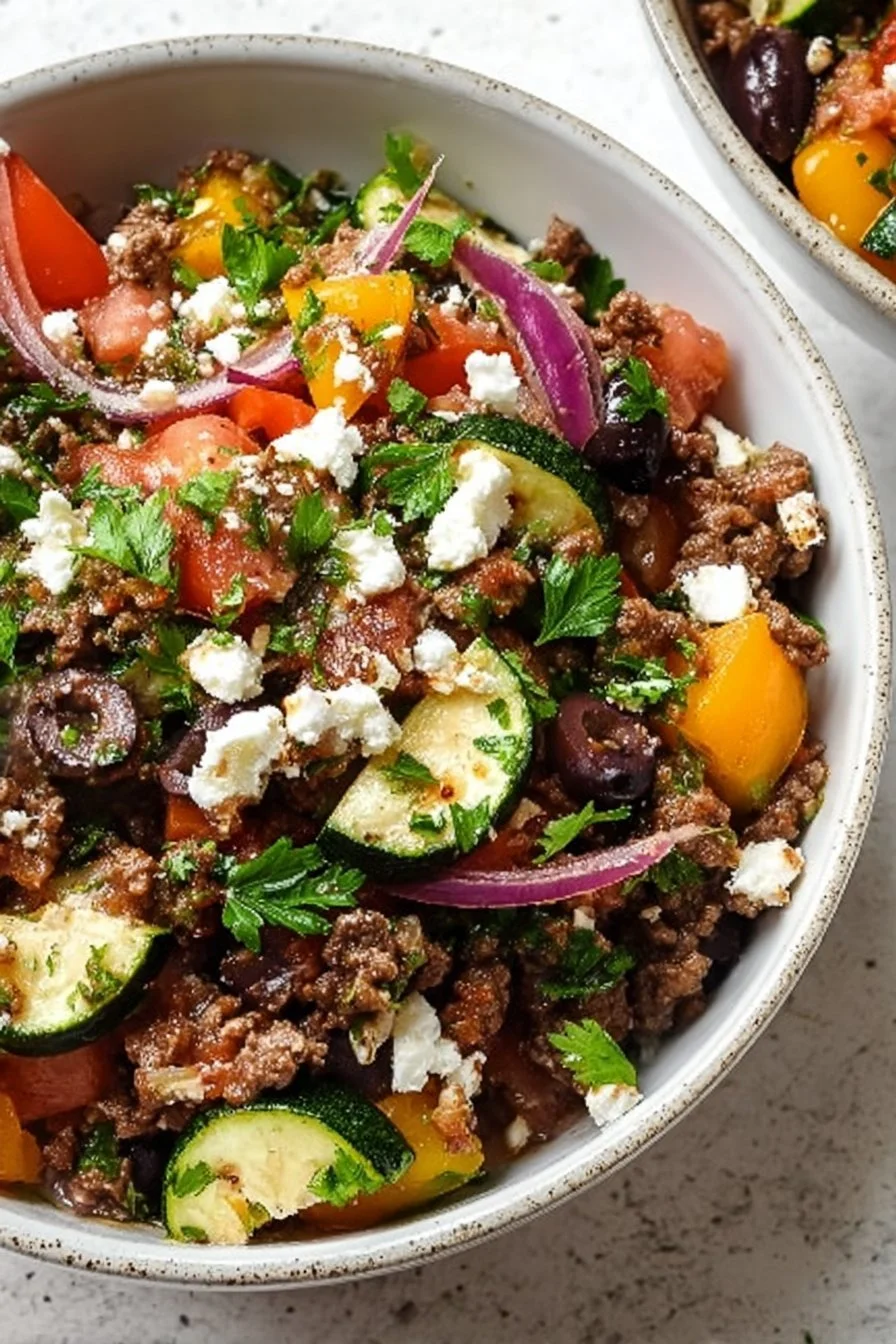Delicious Mediterranean Ground Beef Stir-Fry served with fresh vegetables