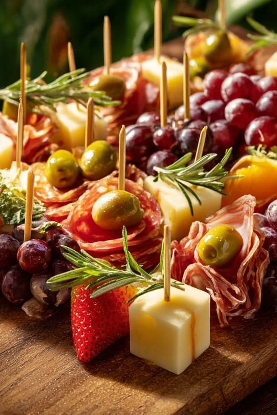 Delicious mini charcuterie skewers served as a no-cook party appetizer