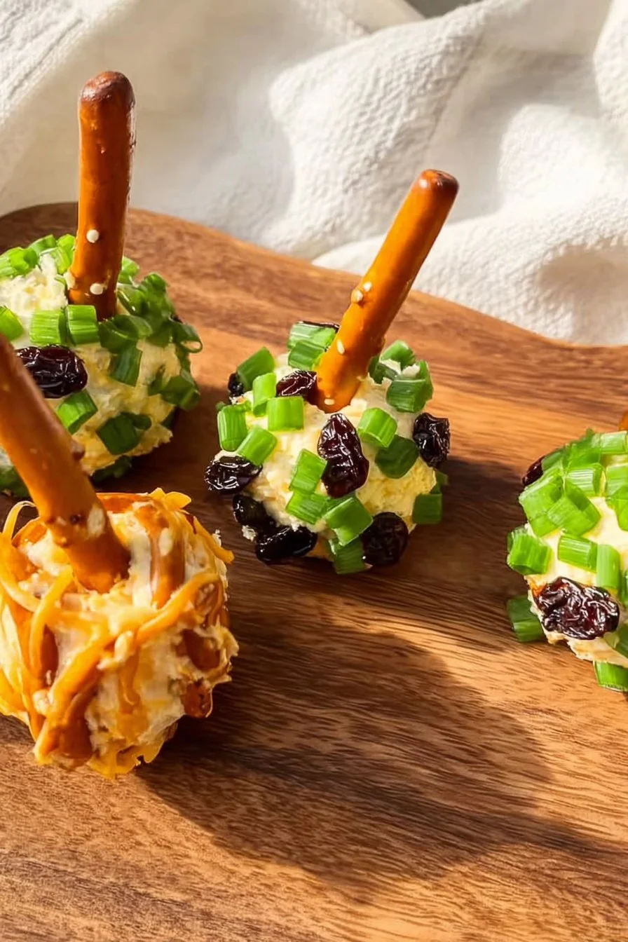 Plate of mini cheese ball bites with various toppings for a party snack