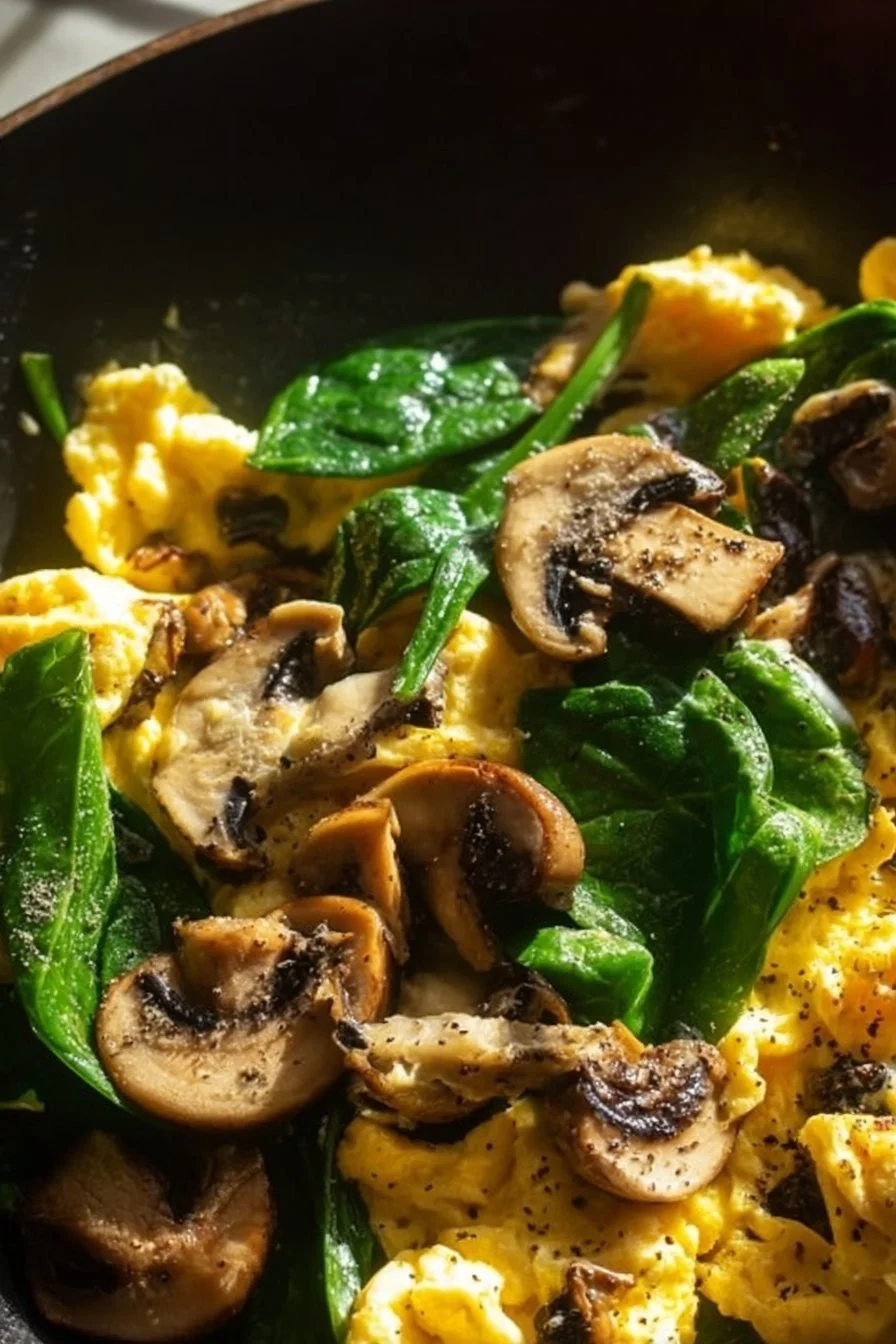 Delicious Mushroom Spinach Scrambled Eggs served in a bowl