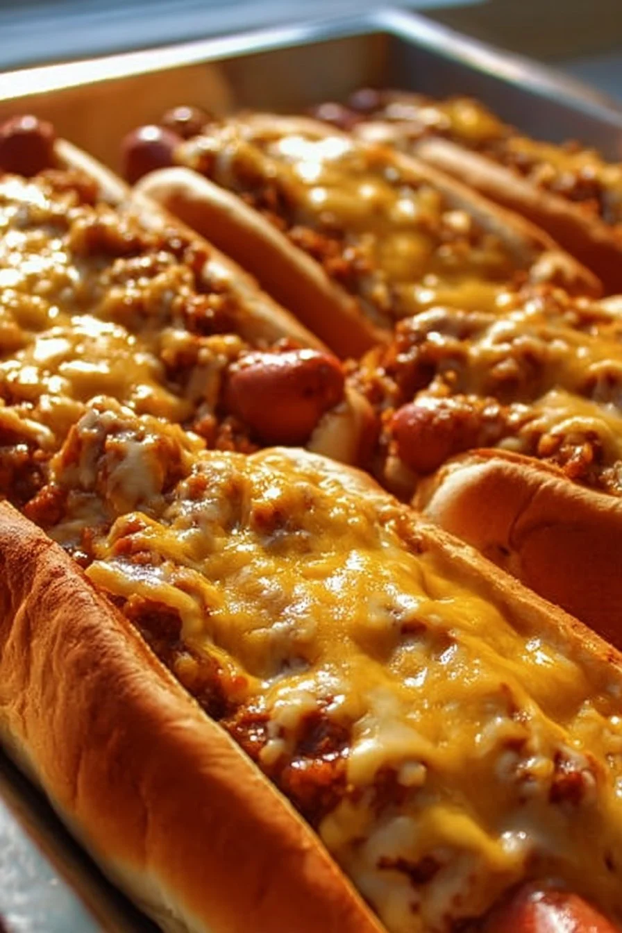 Oven-Baked Chili Cheese Dogs 5 Oven-baked chili cheese dogs topped with cheese and chili sauce