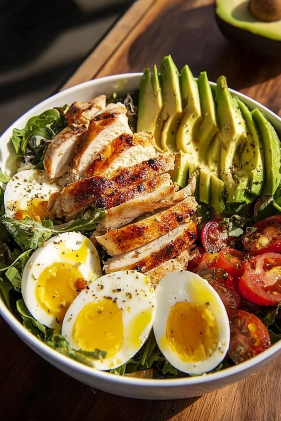 Paleo grilled chicken Cobb salad with fresh greens and vegetables