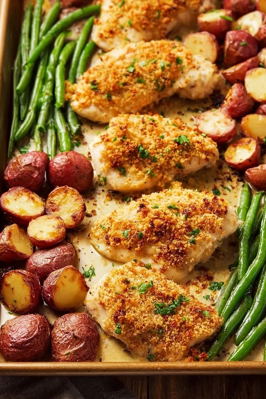 Parmesan Crusted Chicken Sheet Pan Dinner ready to serve with golden crust