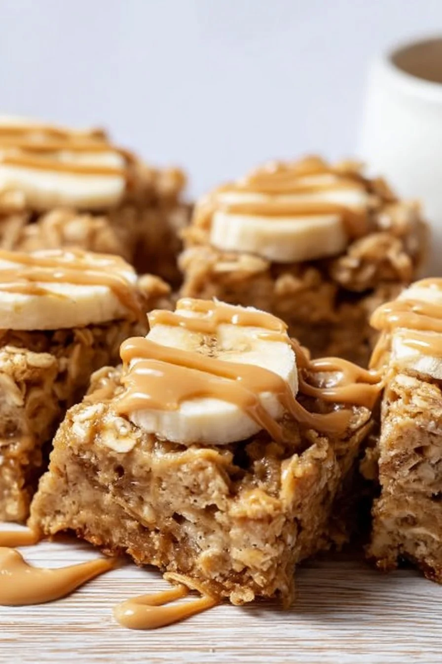 Bowl of peanut butter banana baked oatmeal topped with sliced bananas and nuts.