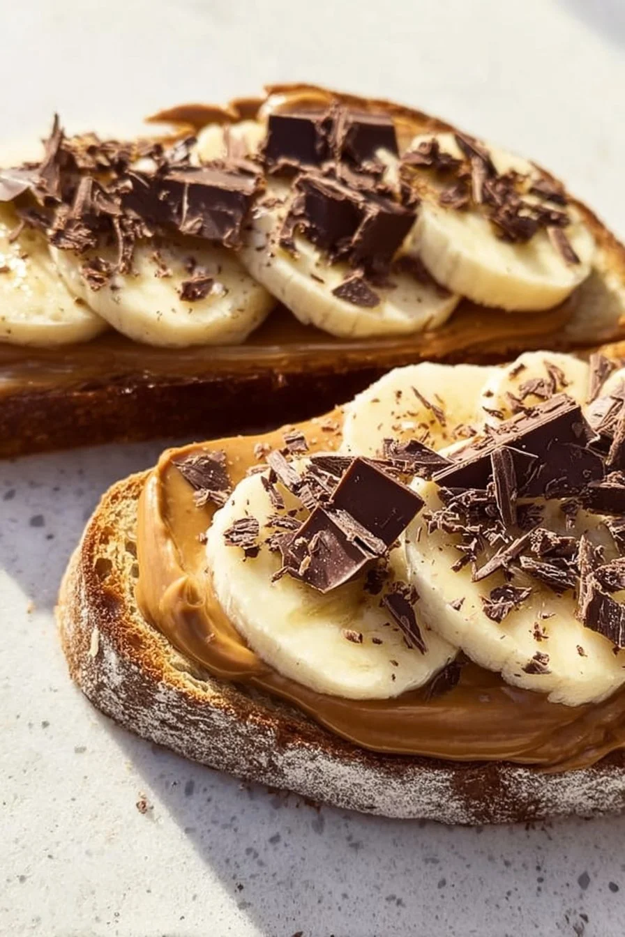 Peanut Butter Banana Toast topped with Dark Chocolate for a tasty breakfast