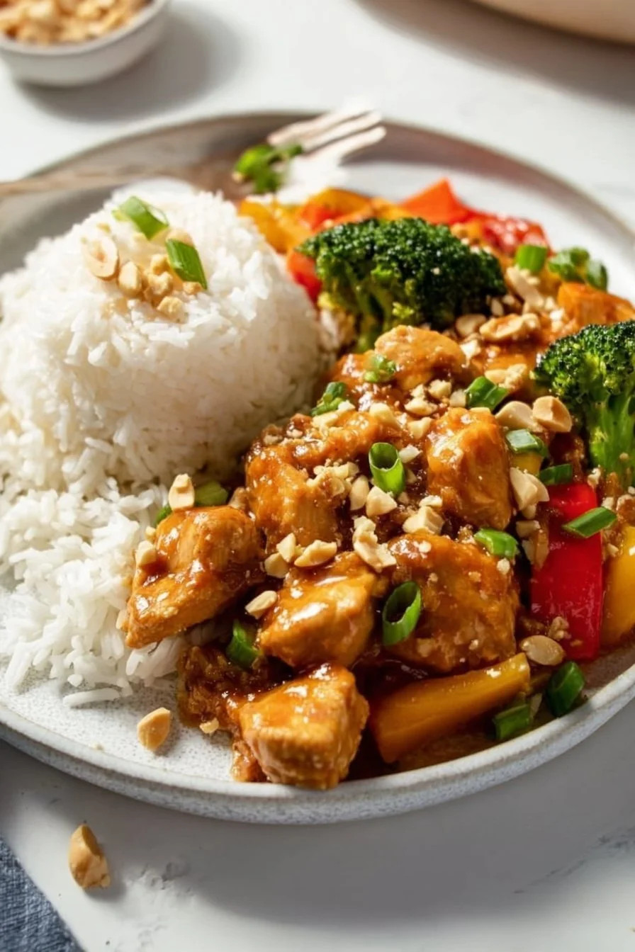 Peanut Butter Chicken 5 Delicious peanut butter chicken served with vegetables and rice