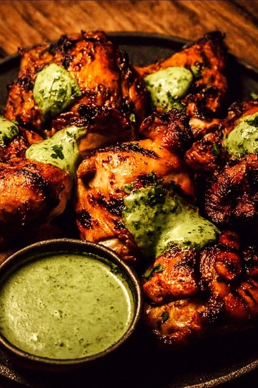 Peruvian grilled chicken served with creamy green sauce on a plate
